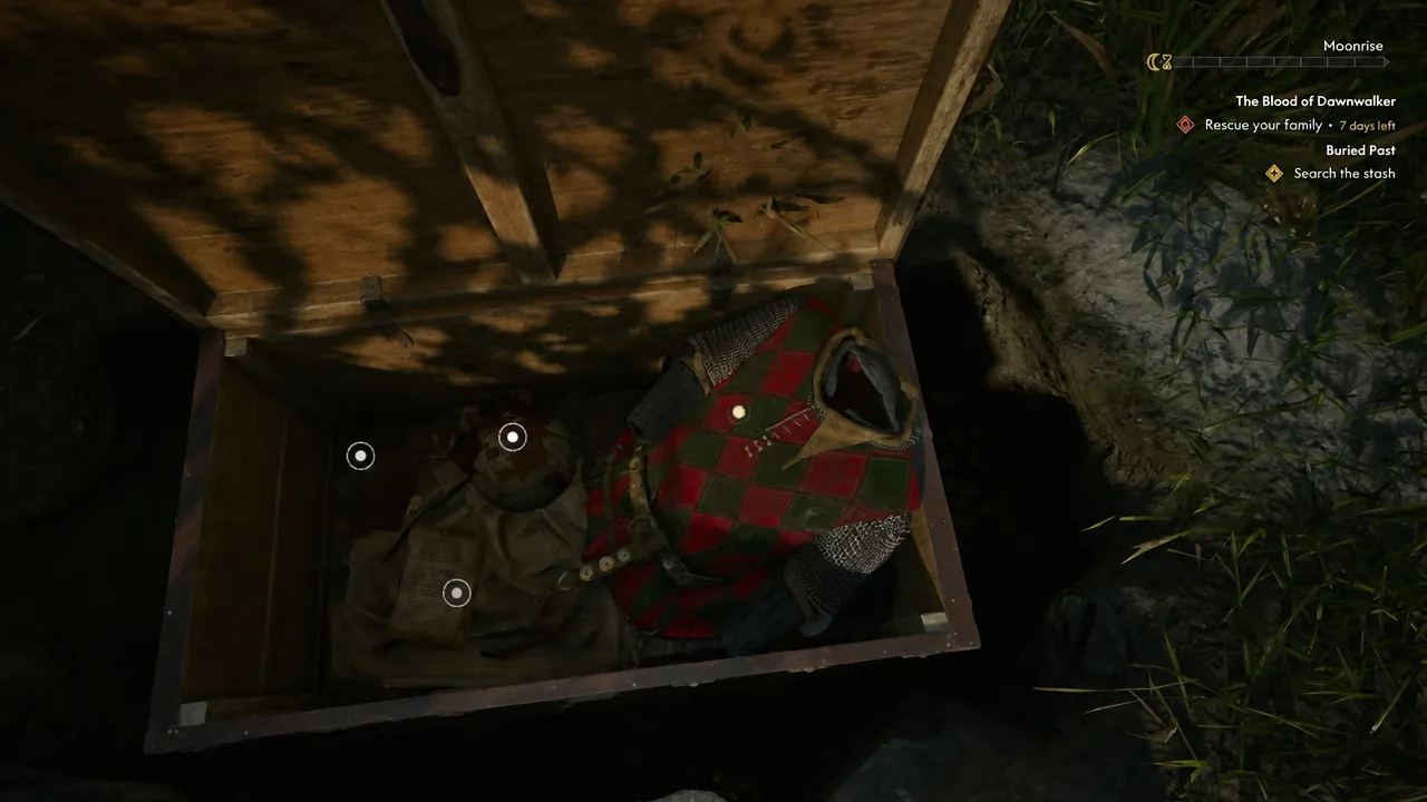 The unearthed stash open on screen with item markers highlighting its contents