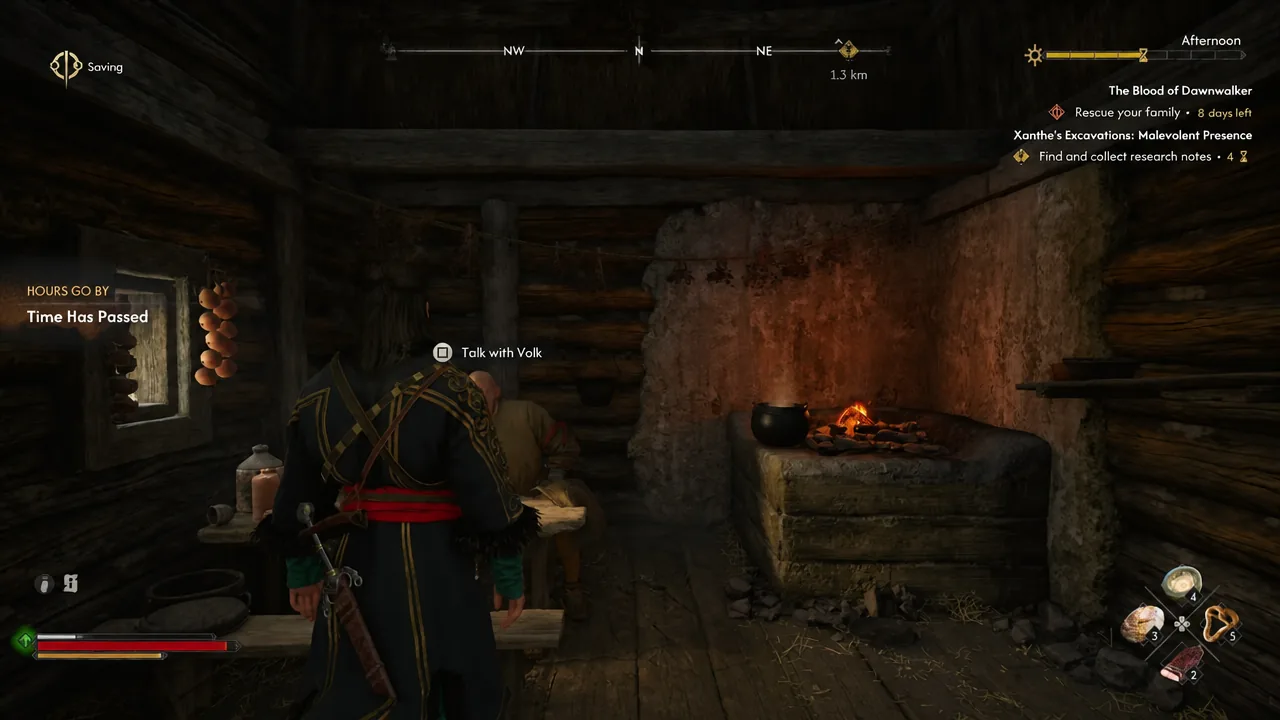 The Talk with Volk interaction prompt appears as Coen walks up to the old mercenary