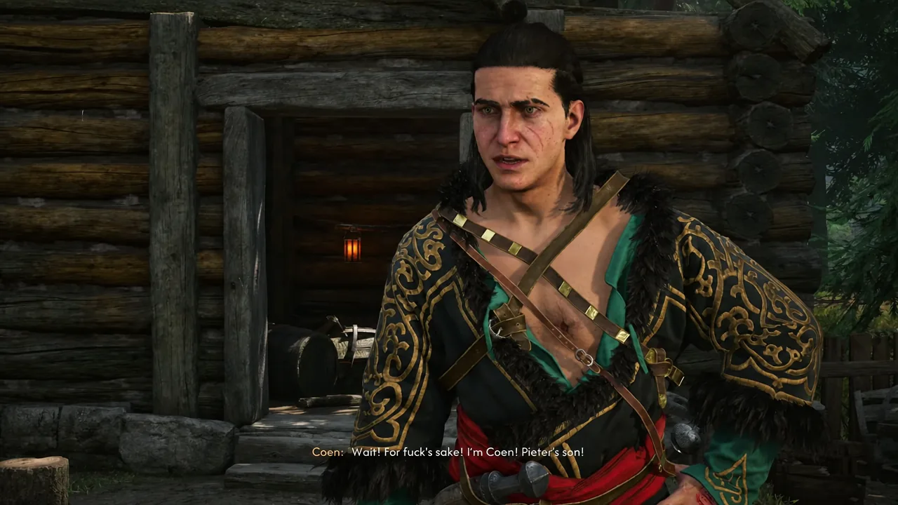 Cutscene of Coen mid-conversation with subtitles at the bottom of the screen