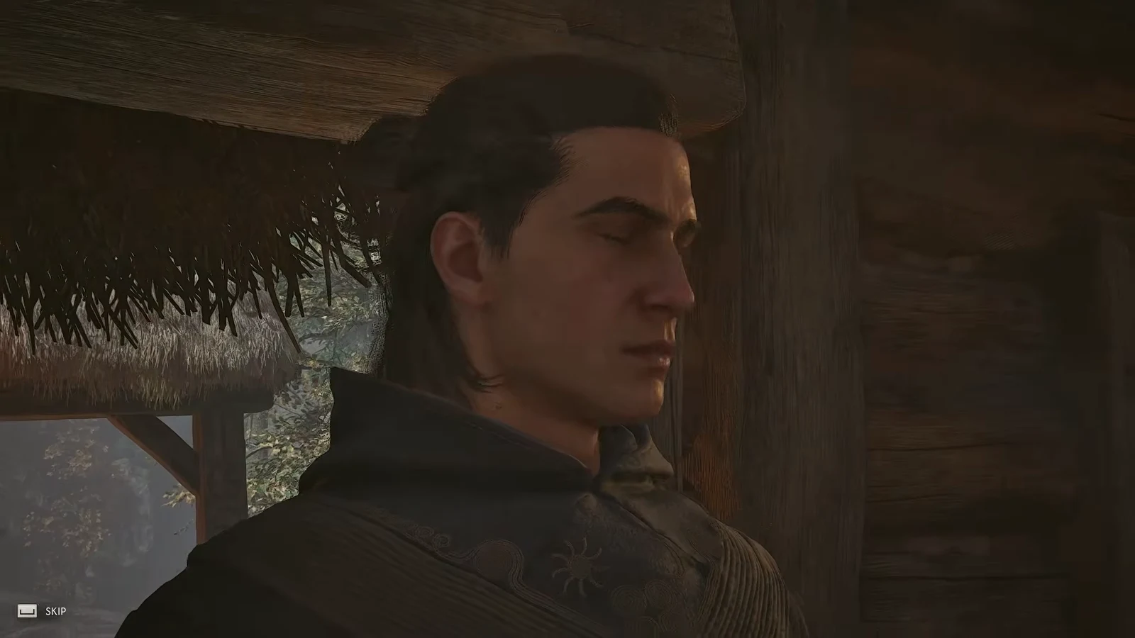 Cutscene inside Volk's wooden hut as Coen hands over the bottle he bought in Maragir