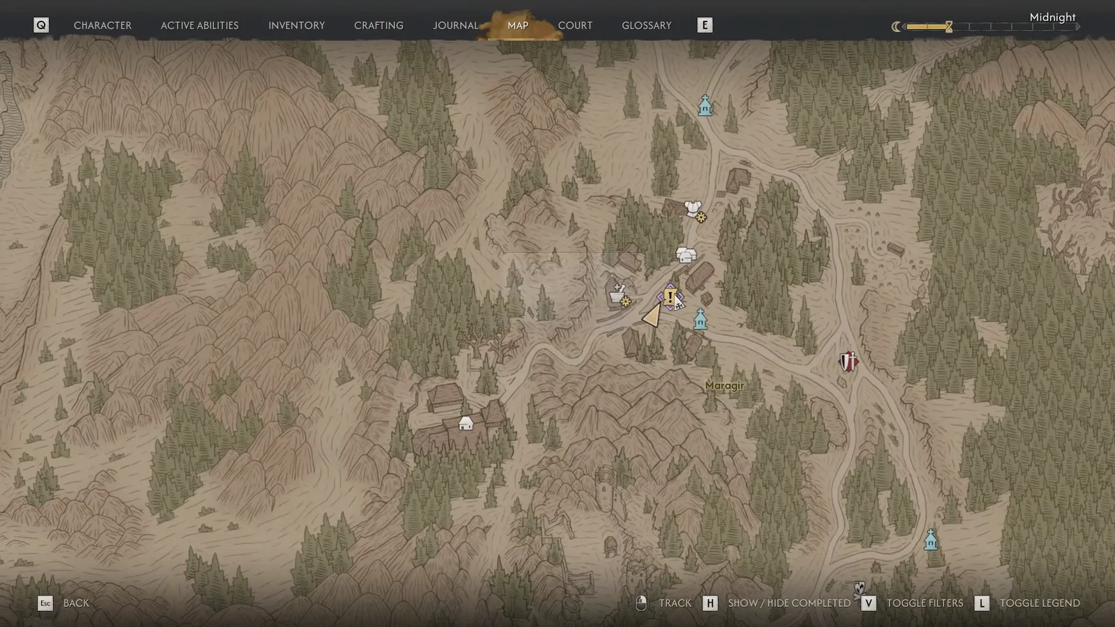 World map with Buried Past tracked and location markers around Maragir and Svartrau