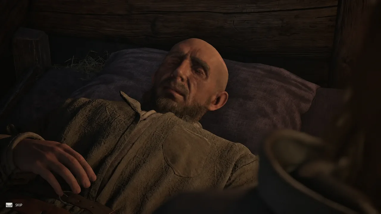 Volk lying injured in bed during a dialogue scene inside the Ruined Hut