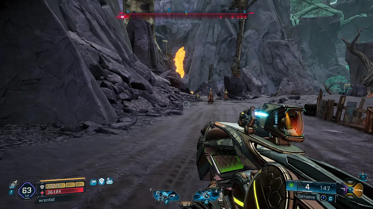 Player aims a corrosive weapon at enemies while descending through Pyroclast Grotto