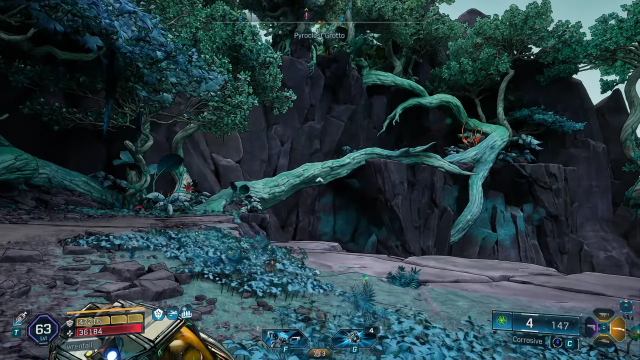 Exploring Pyroclast Grotto with the combat HUD and corrosive weapon readout on screen