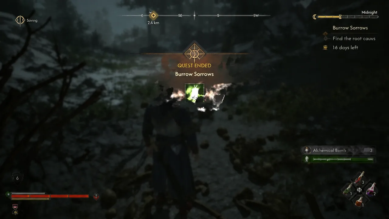 Quest Ended notification screen showing Burrow Sorrows as completed