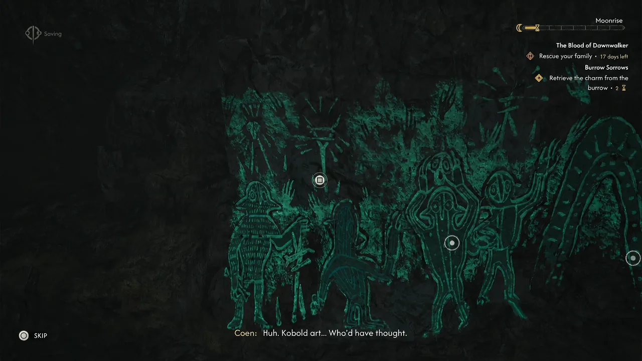 Highlighted kobold cave painting being examined during a dialogue scene