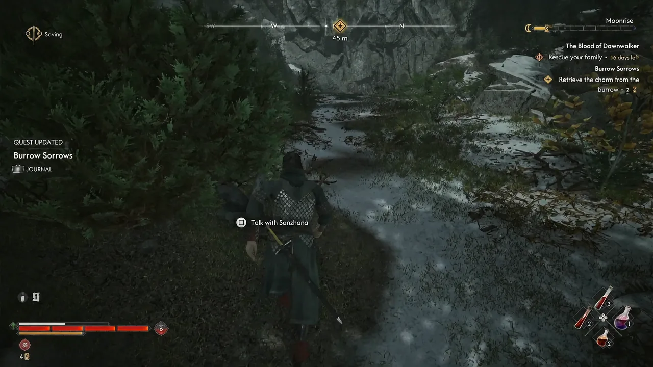 Talk with Sanzhana button prompt on screen with the Burrow Sorrows quest active