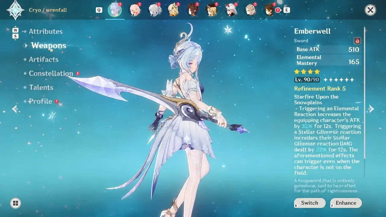 Odette's Weapons screen showing her equipped Emberwell sword with Switch and Enhance options