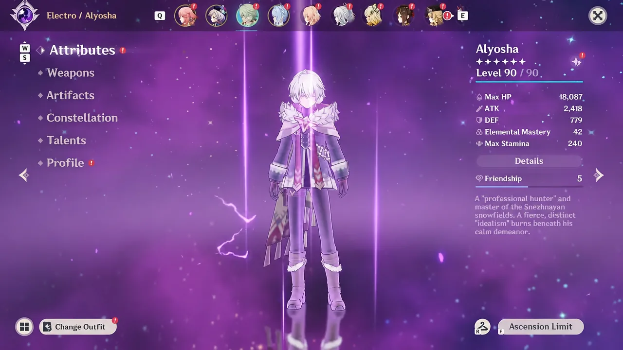 Alyosha's Attributes screen showing her level 90 character stats