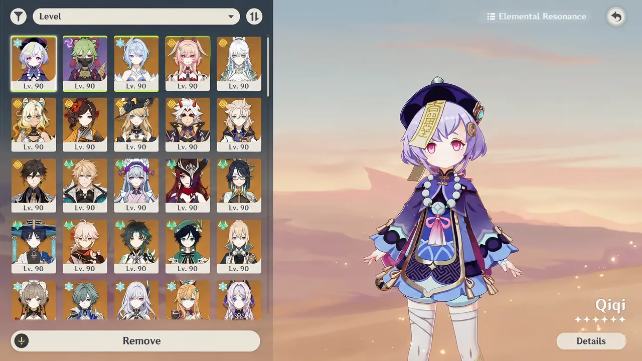 Elemental Resonance screen with Qiqi highlighted in the character roster