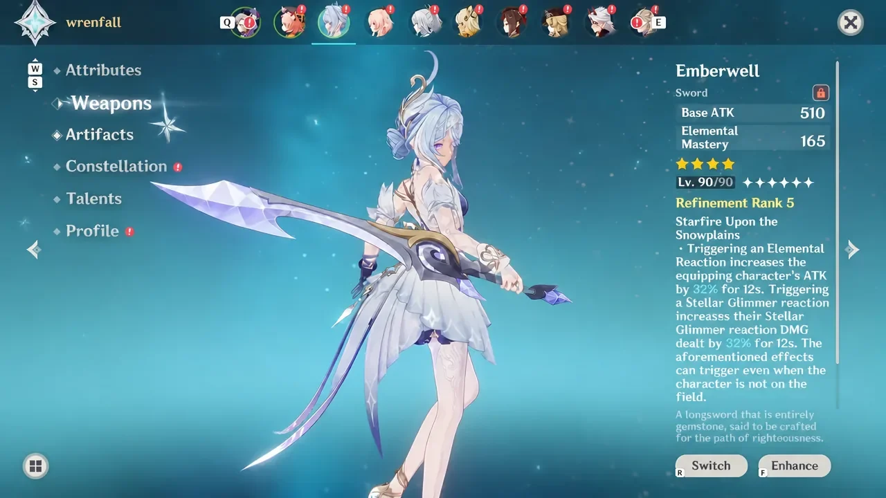 Odette's Weapons tab showing her Emberwell sword details during the artifact swap step