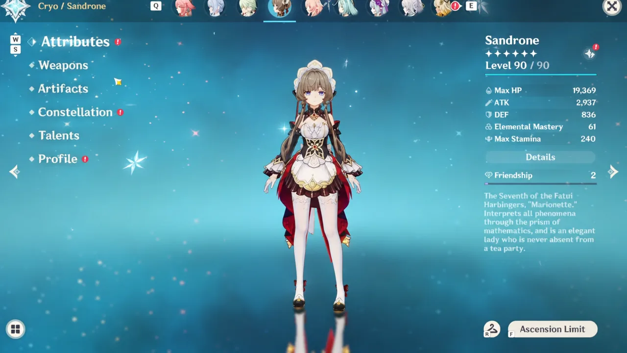 Sandrone's Attributes screen in Genshin Impact showing her crit rate and crit damage totals at level 90