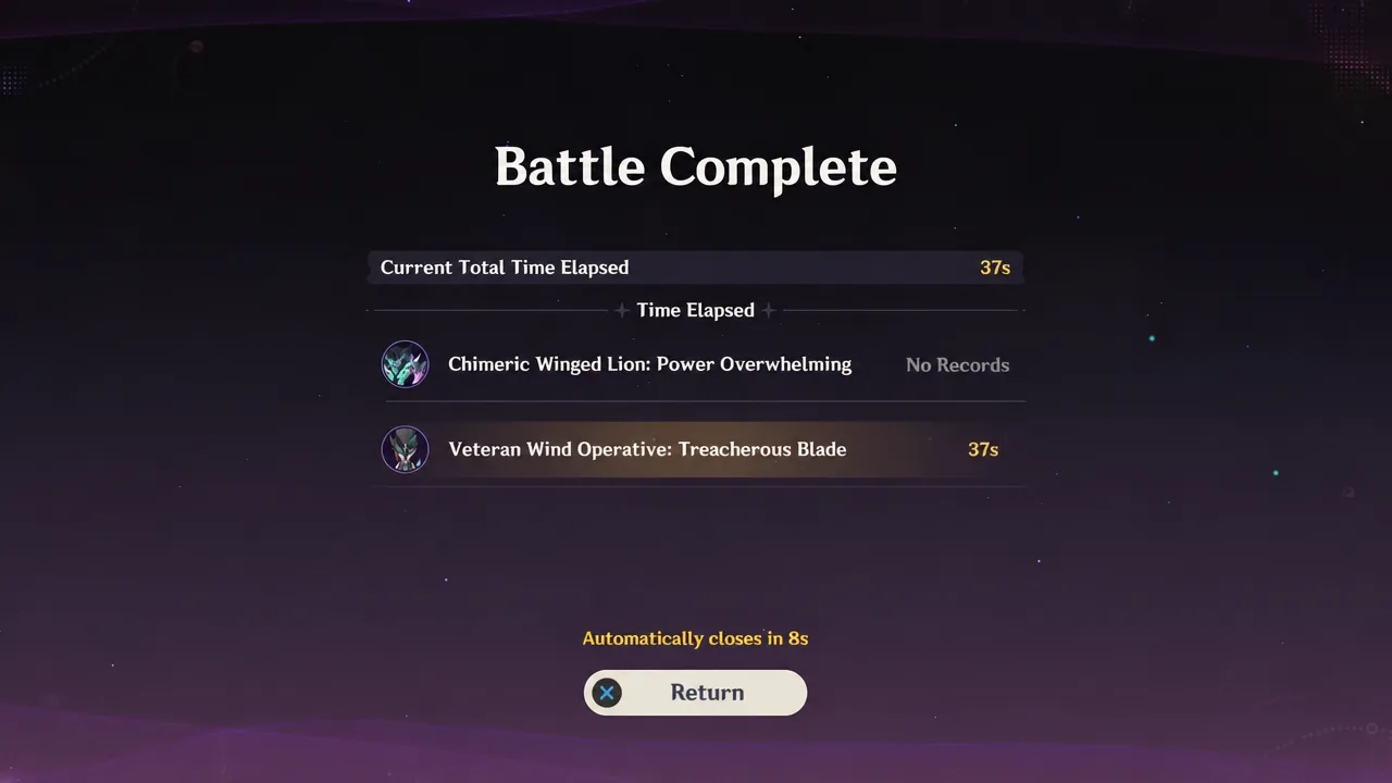 Battle Complete screen showing the elapsed Stygian Onslaught clear time and the Return button