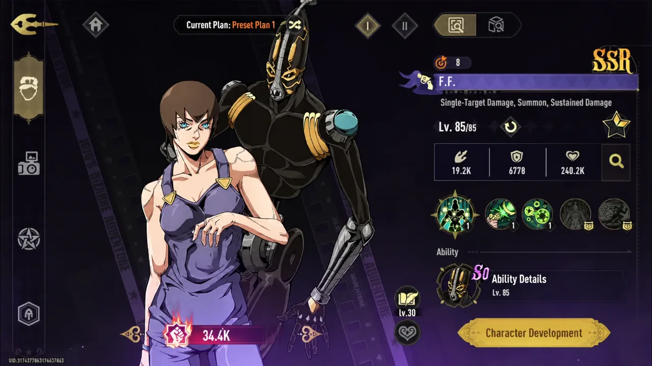 Character screen with F.F. selected under Preset Plan 1 and the Character Development button visible