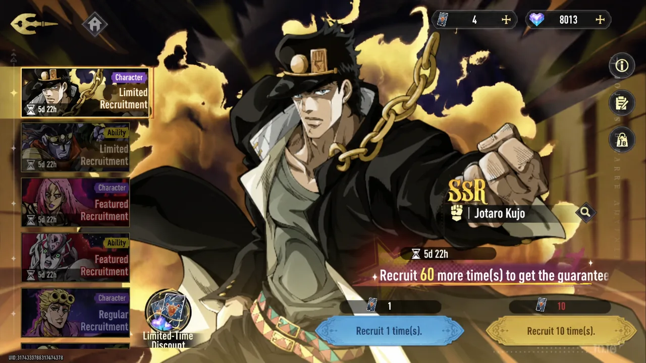 Limited Recruitment screen showing the featured character banner with recruit once and recruit ten buttons