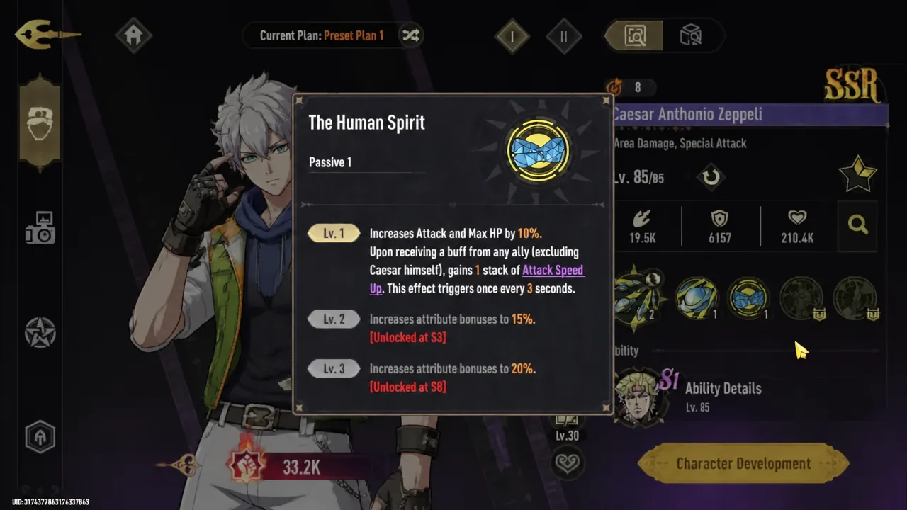 Character Development panel open on The Human Spirit passive, listing its level effects and unlock conditions