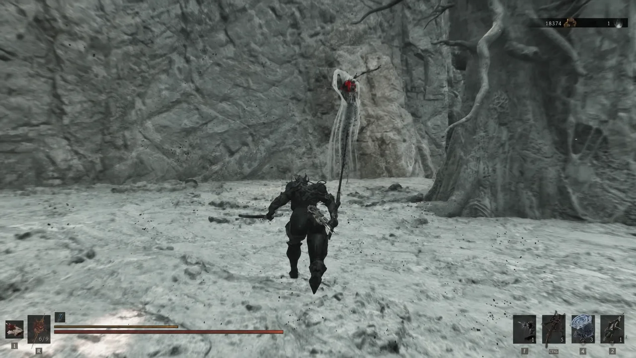 Player closing in on a marked enemy with a polearm while travelling toward Barren Crest