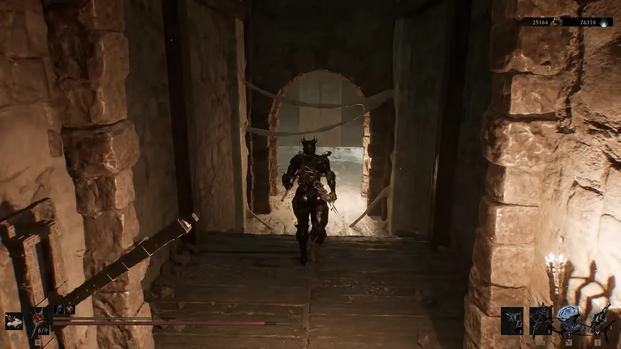 Armored character walking down a dark stone corridor toward a lit doorway inside the dungeon