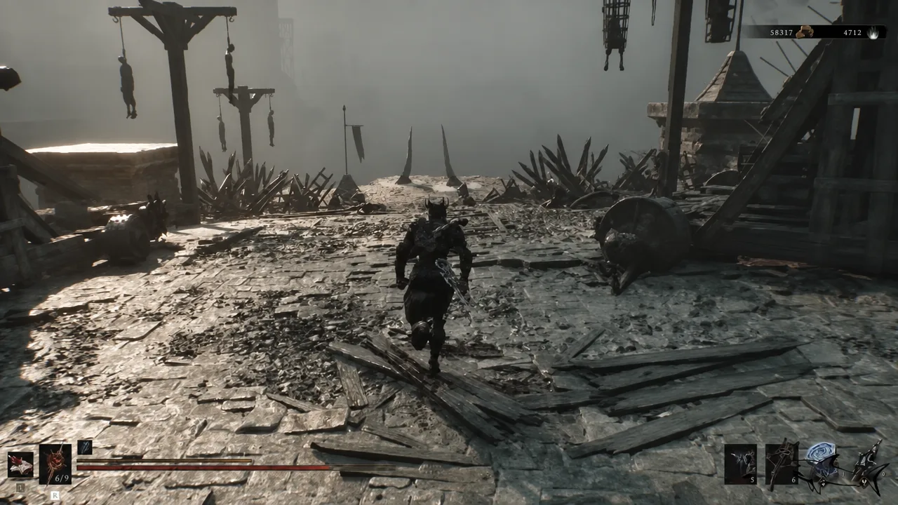 Player sprinting across a ruined stone platform on the road south out of Mammon