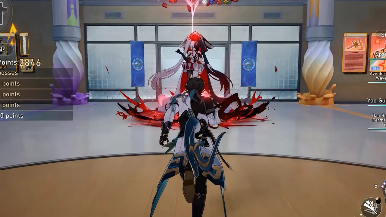 Endgame combat screen with the score counter and party status bars visible during an attack