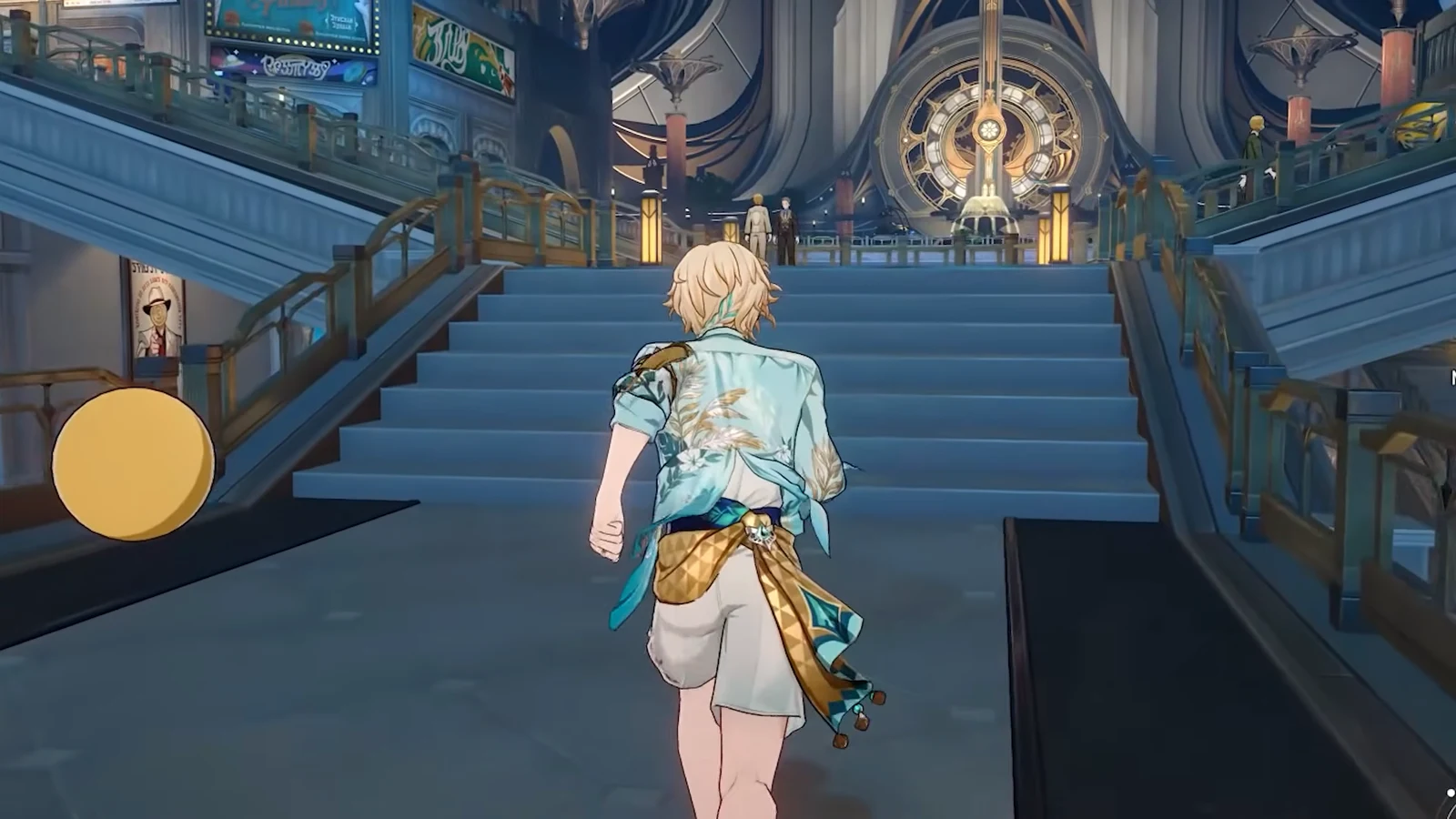 Player character climbing a central staircase toward a clockwork doorway in the overworld