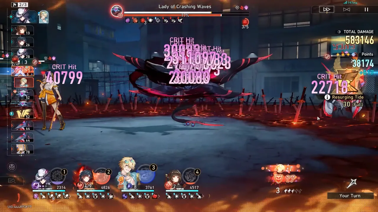 Boss fight against the Lady of Crashing Waves with critical hit damage numbers on screen