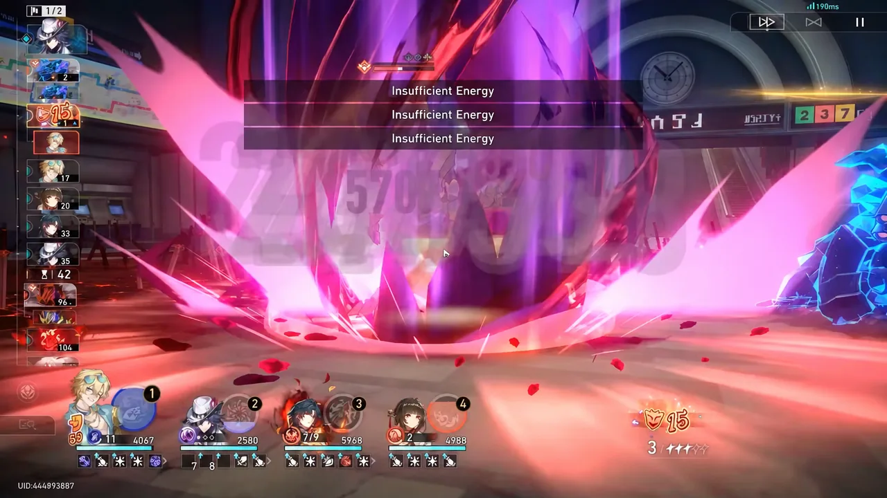 Battle screen showing repeated Insufficient Energy warnings while trying to use an ability