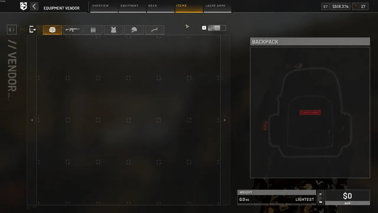 Equipment Vendor ITEMS tab with the containers category selected and an empty backpack panel