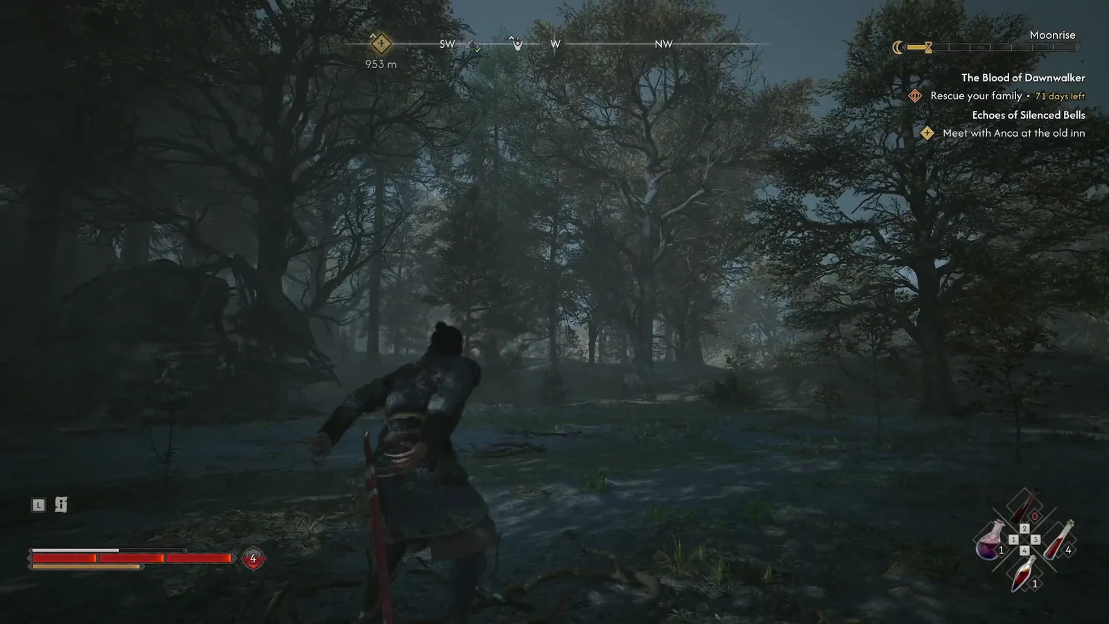 Quest tracker showing Echoes of Silenced Bells restored in the upper right during forest traversal