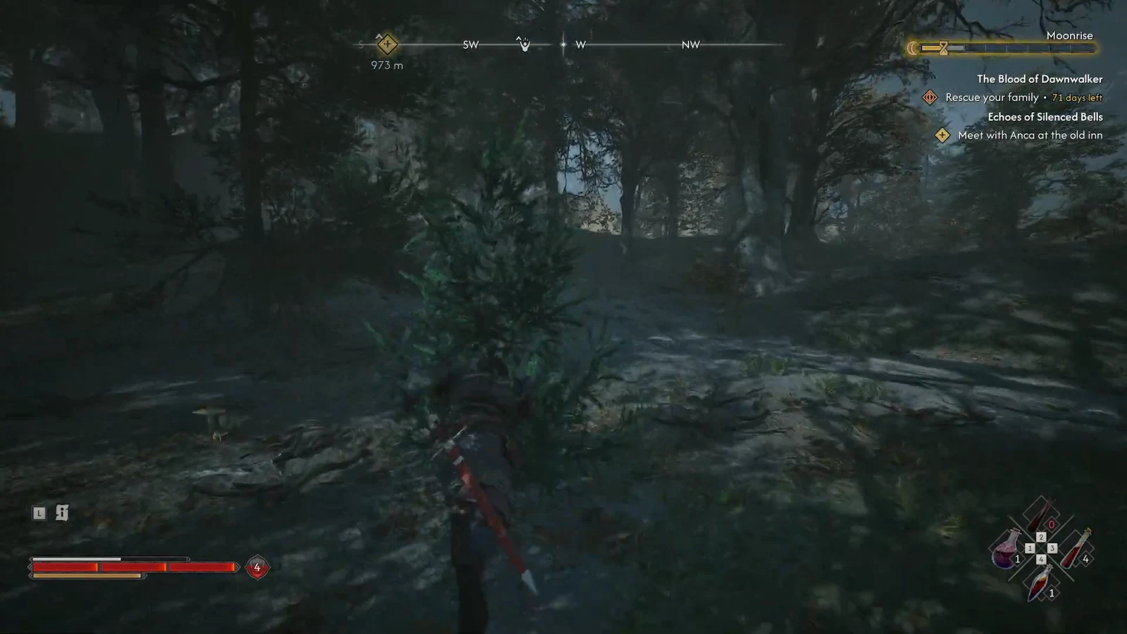 Forest gameplay with the Echoes of Silenced Bells objective visible while heading to the old inn
