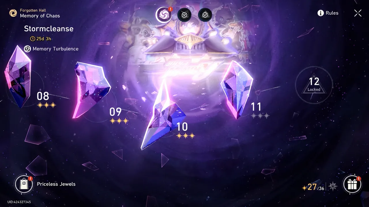 Stormcleanse stage select with Memory Turbulence stage 10 highlighted.