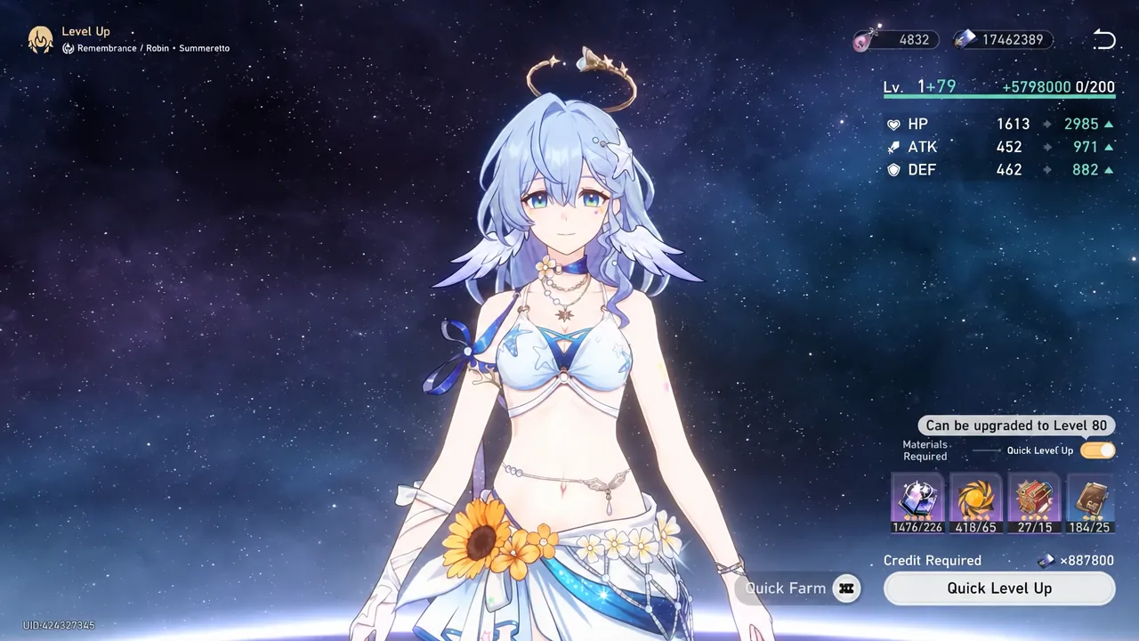 Character level up screen with Robin • Summeretto being raised using Quick Level Up materials.