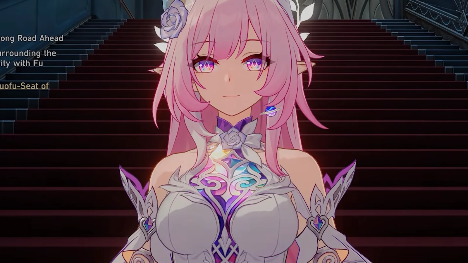 Story dialogue scene with a pink-haired character standing on palace steps.