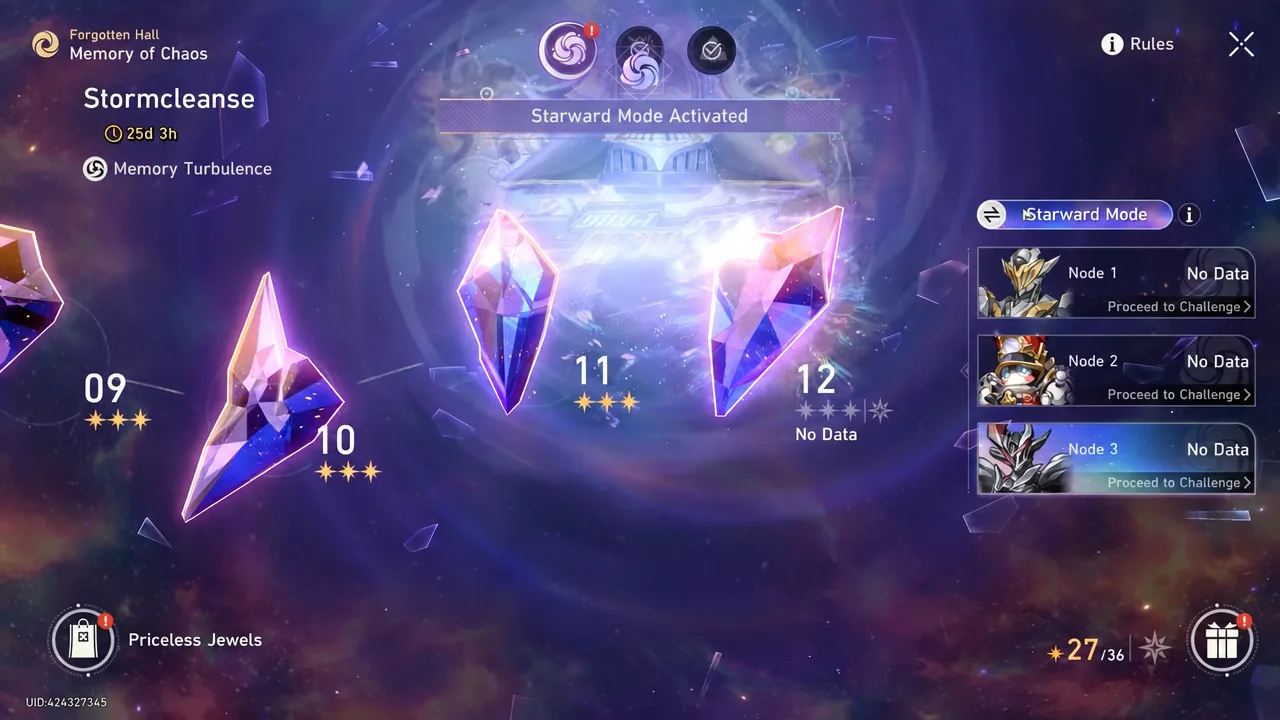 Stormcleanse node 3 highlighted in Starward Mode, ready to start the challenge.