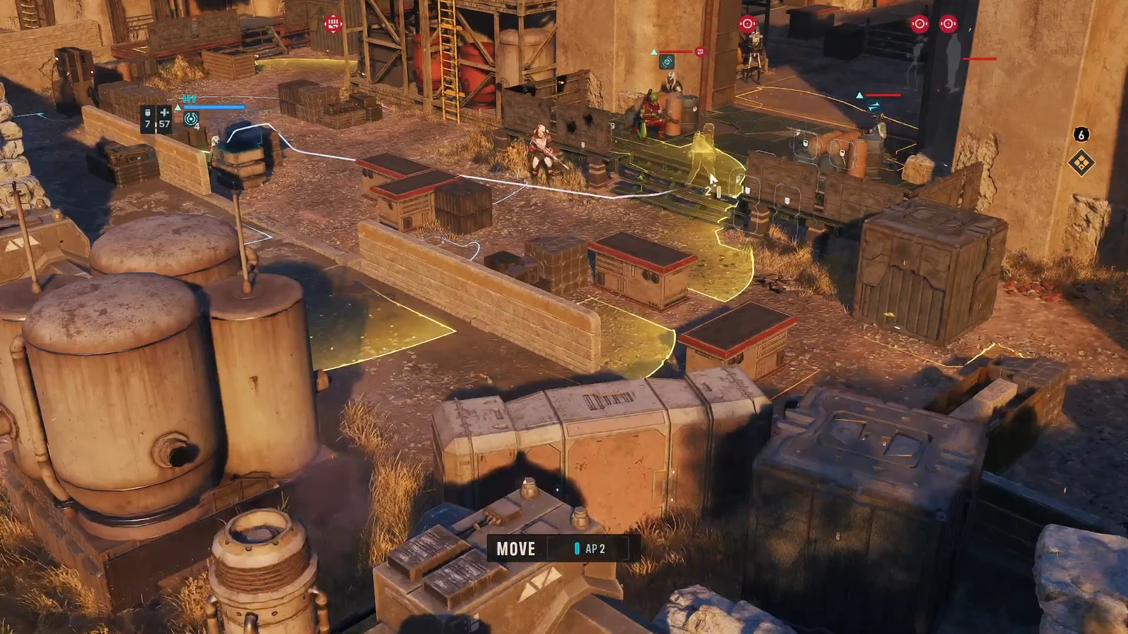 Tactical view with the Move command selected and highlighted destination tiles costing 2 AP