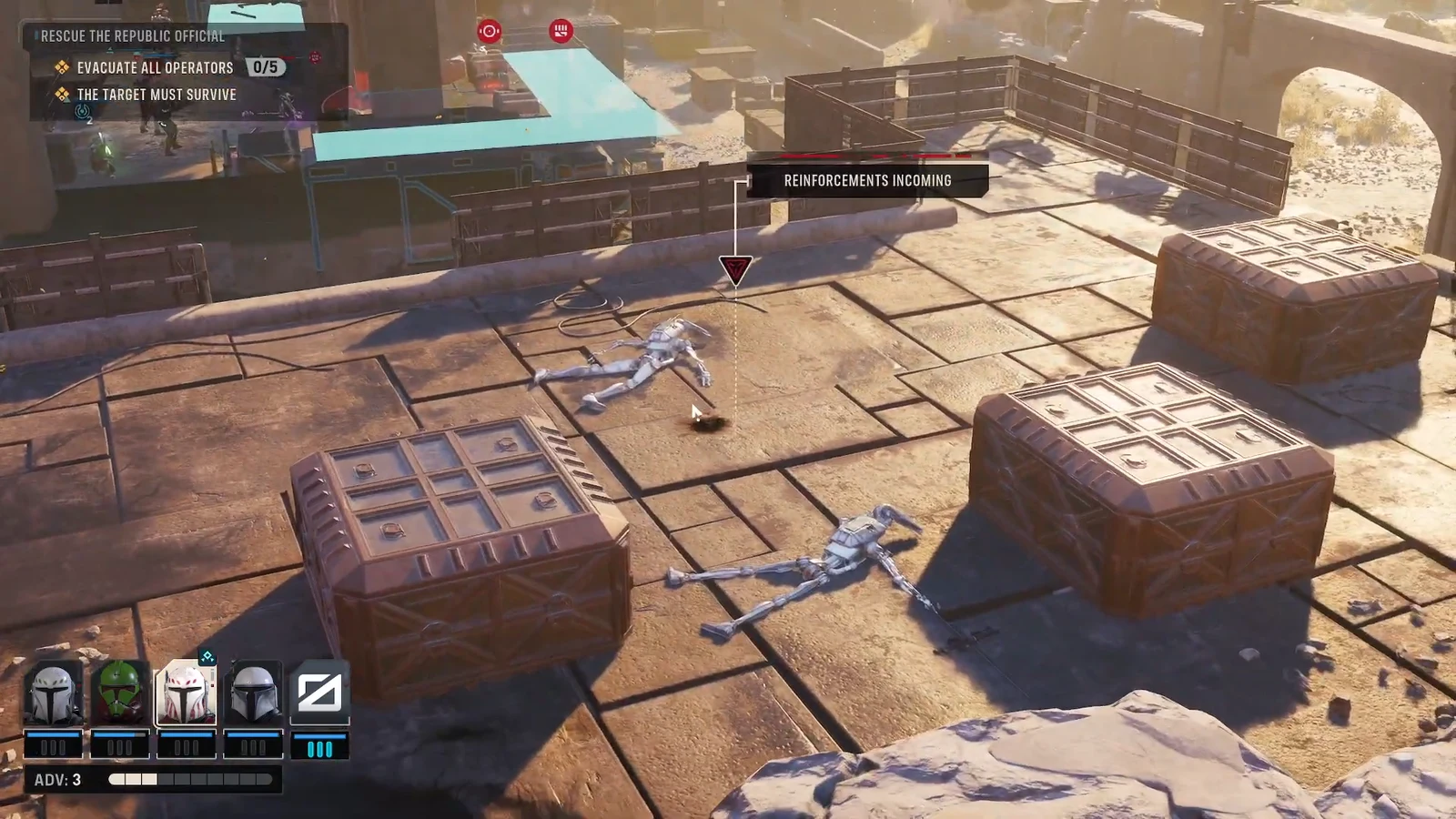 Mission tracker showing the rescue objective with the target down and reinforcements arriving