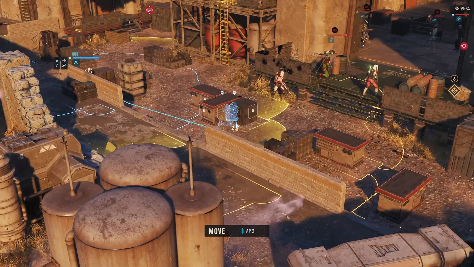 Movement tiles fanned out around a selected operator during the advance toward the cantina