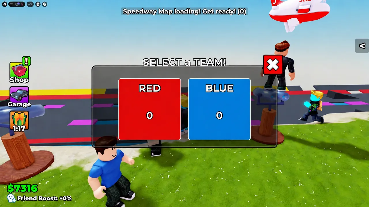 SELECT a TEAM! prompt with RED and BLUE buttons while the Speedway map loads