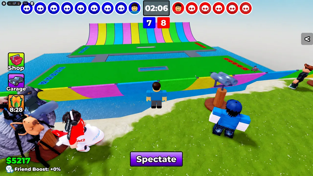 Spectate camera following the arena after elimination, with the purple Spectate button highlighted