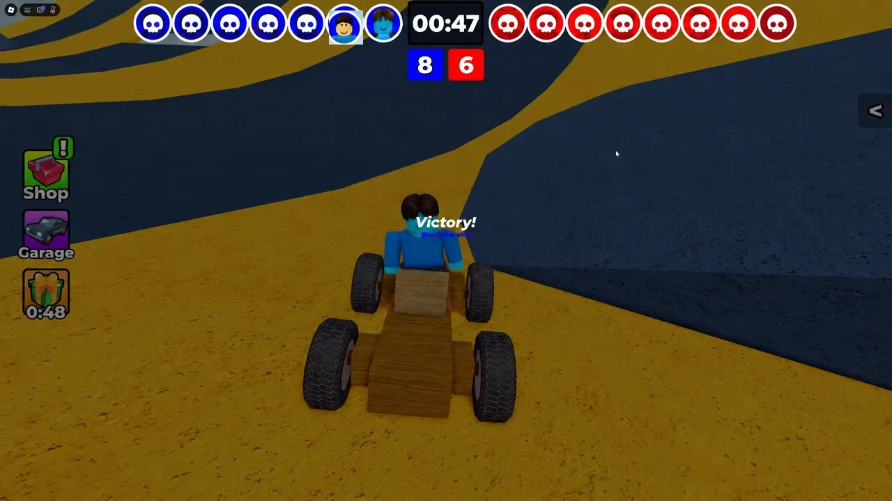 Victory result screen showing the winning car and a final round score of 8 to 6
