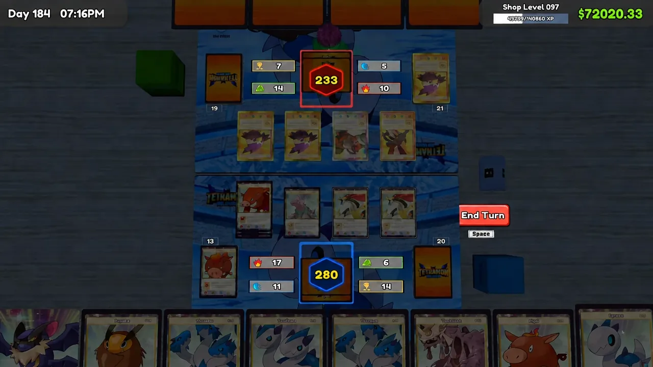 Match board with the opponent's active card highlighted red and the player's highlighted blue before ending the turn