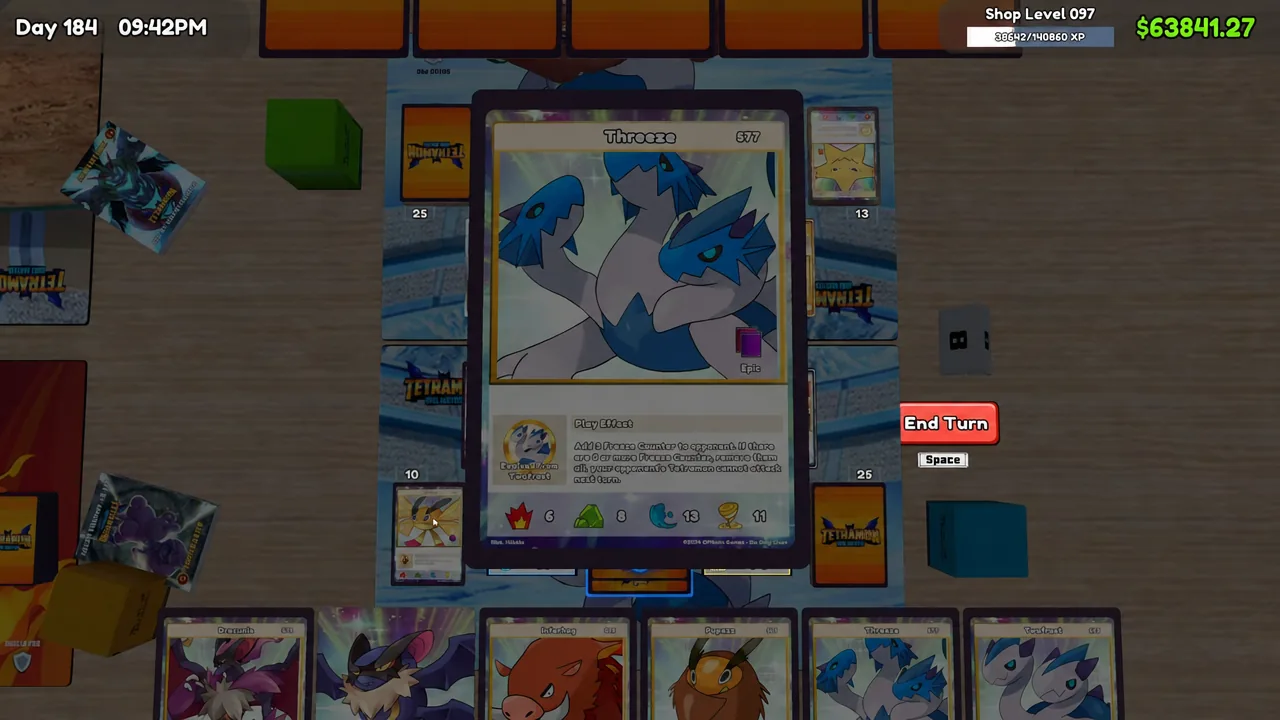 Card detail screen showing a Tetramon card's artwork, play effect text and stats