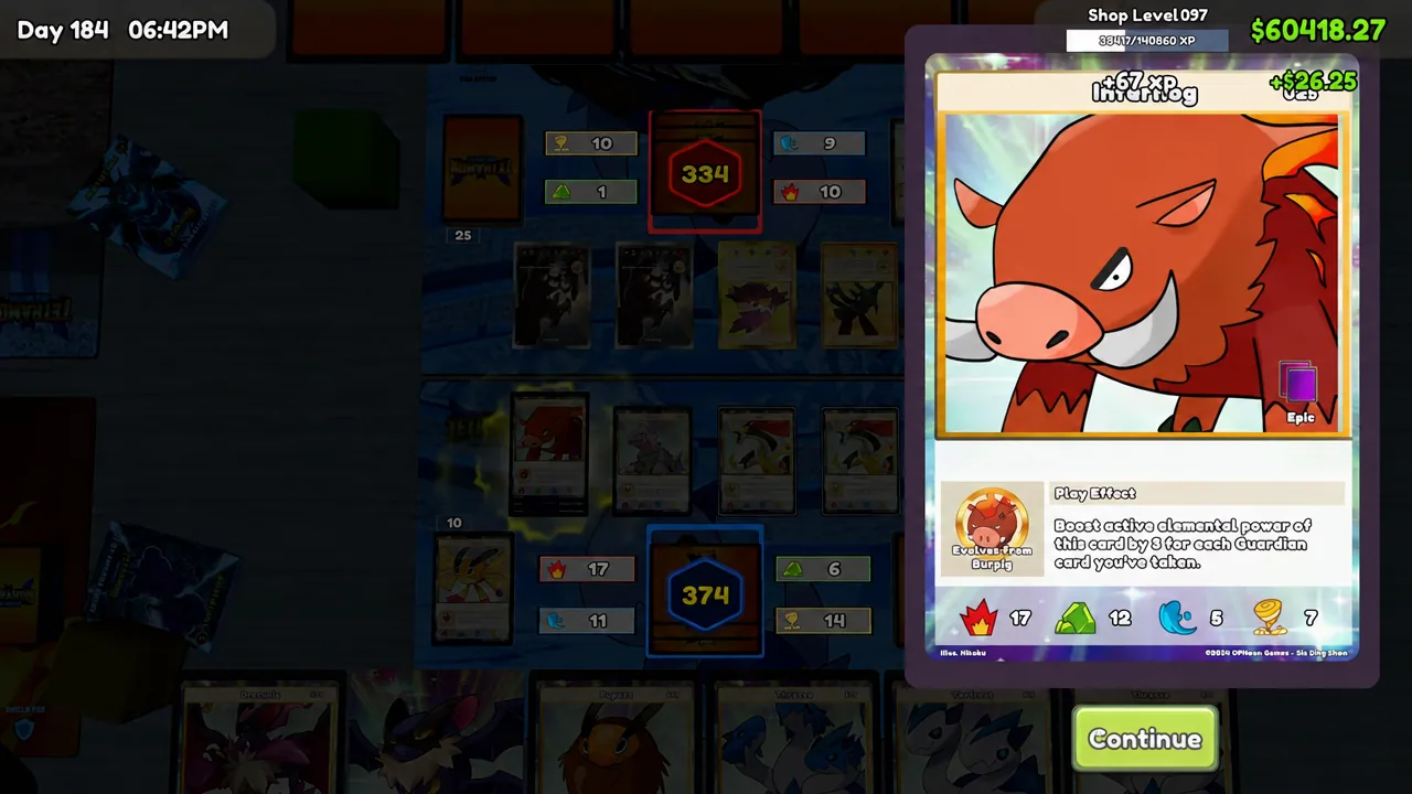 Pack opening screen showing an Epic card pull with the Continue button highlighted
