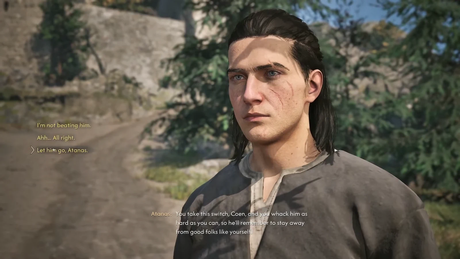 Dialogue wheel with the option Let him go, Atanas highlighted during the punishment scene