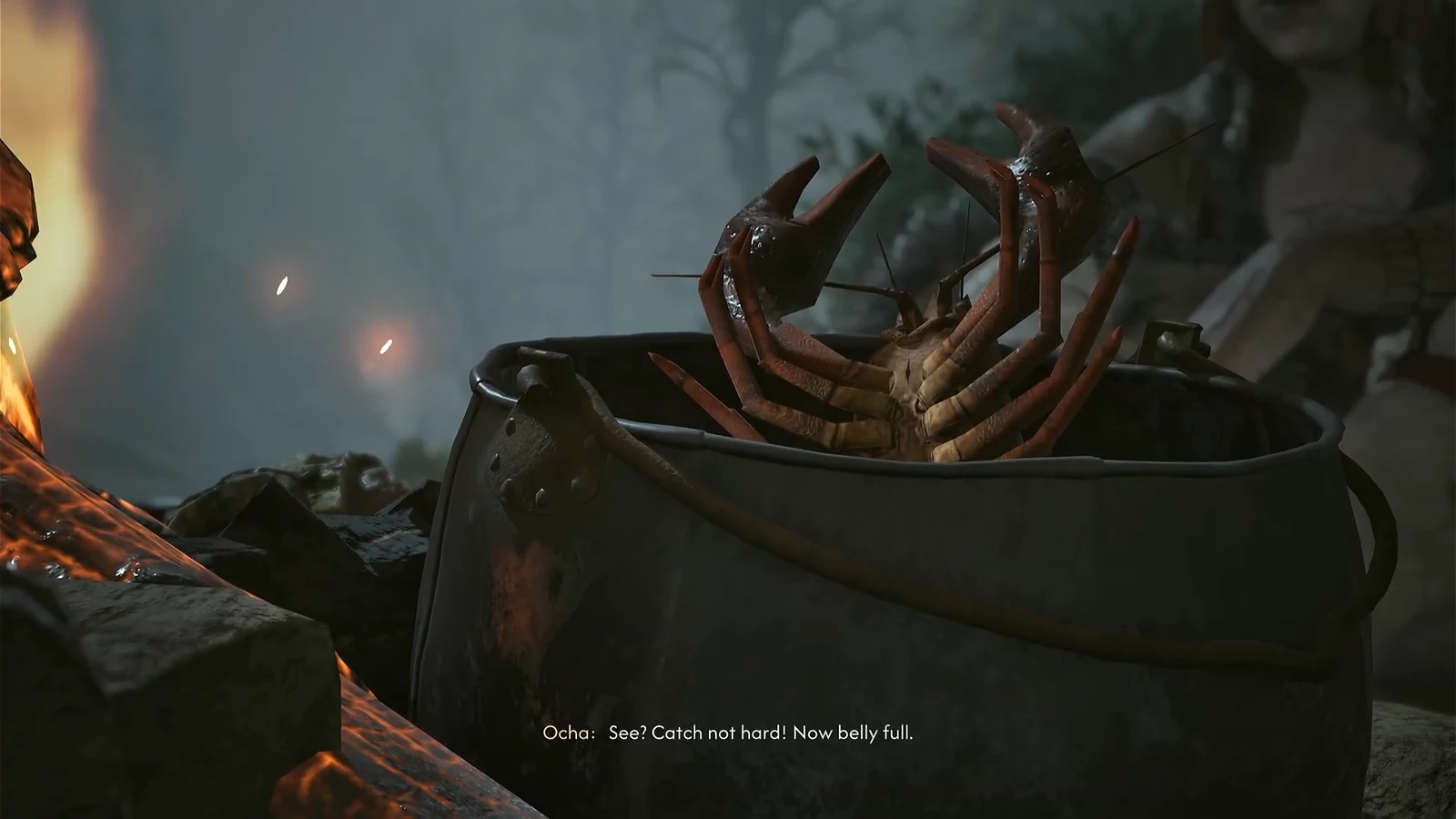 Gameplay moment on the riverbank during the optional crayfish hunt with Ocha