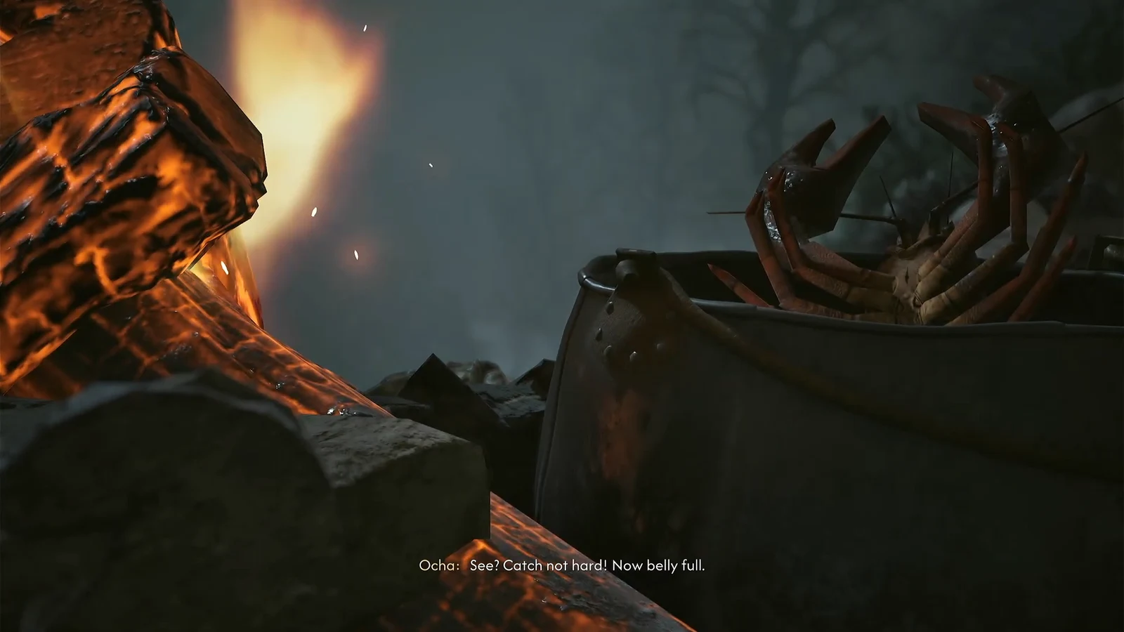 Cutscene of Ocha lit by glowing rock, with her subtitle line at the bottom of the screen