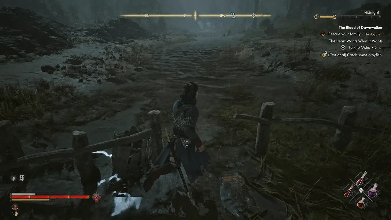 Coen jogs along the path with the crayfish objective tracked in the upper-right of the HUD