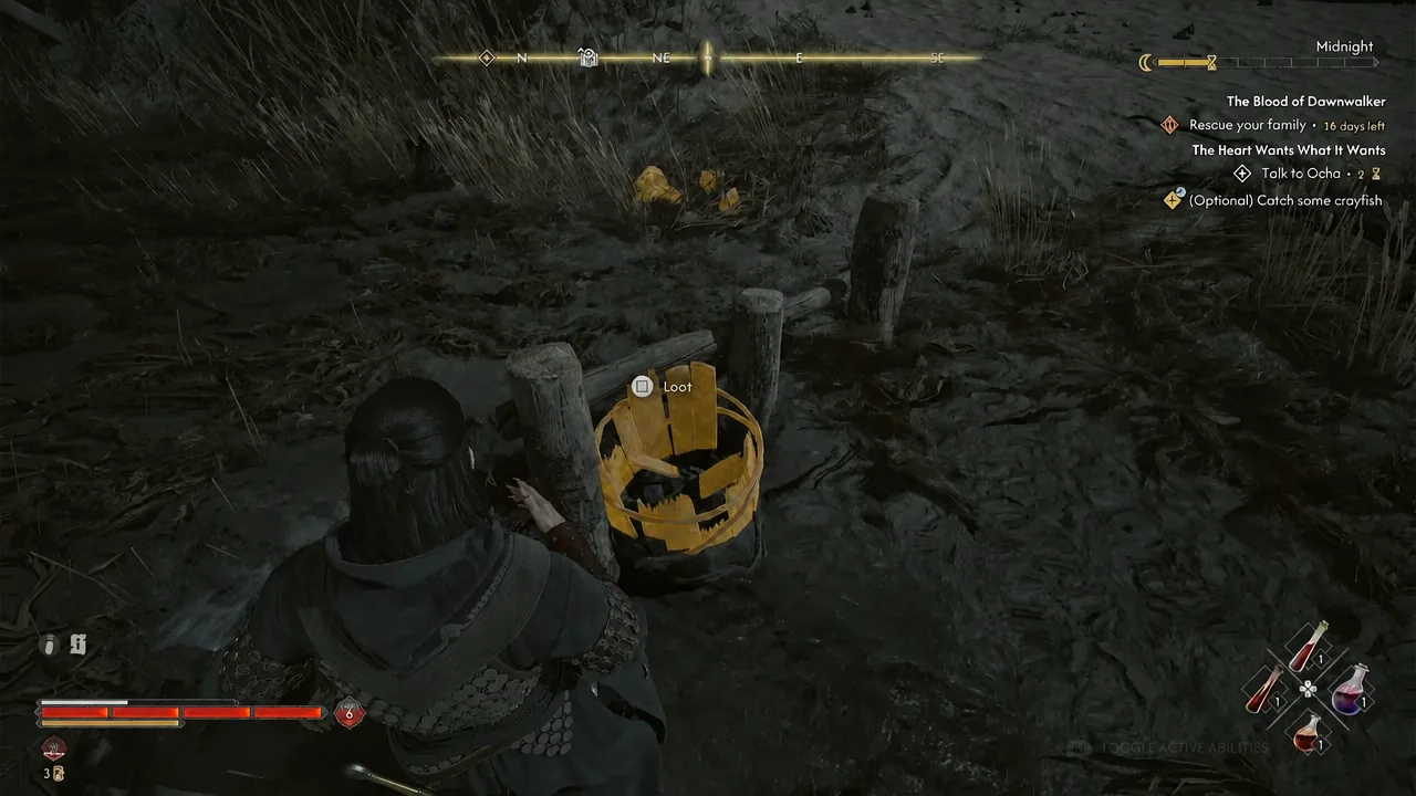 Loot prompt highlighted over a glowing container on the riverbank as Coen approaches it