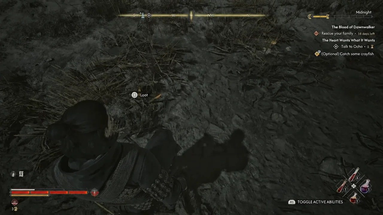 Square-button Loot prompt shown over the third crayfish resting on the ground
