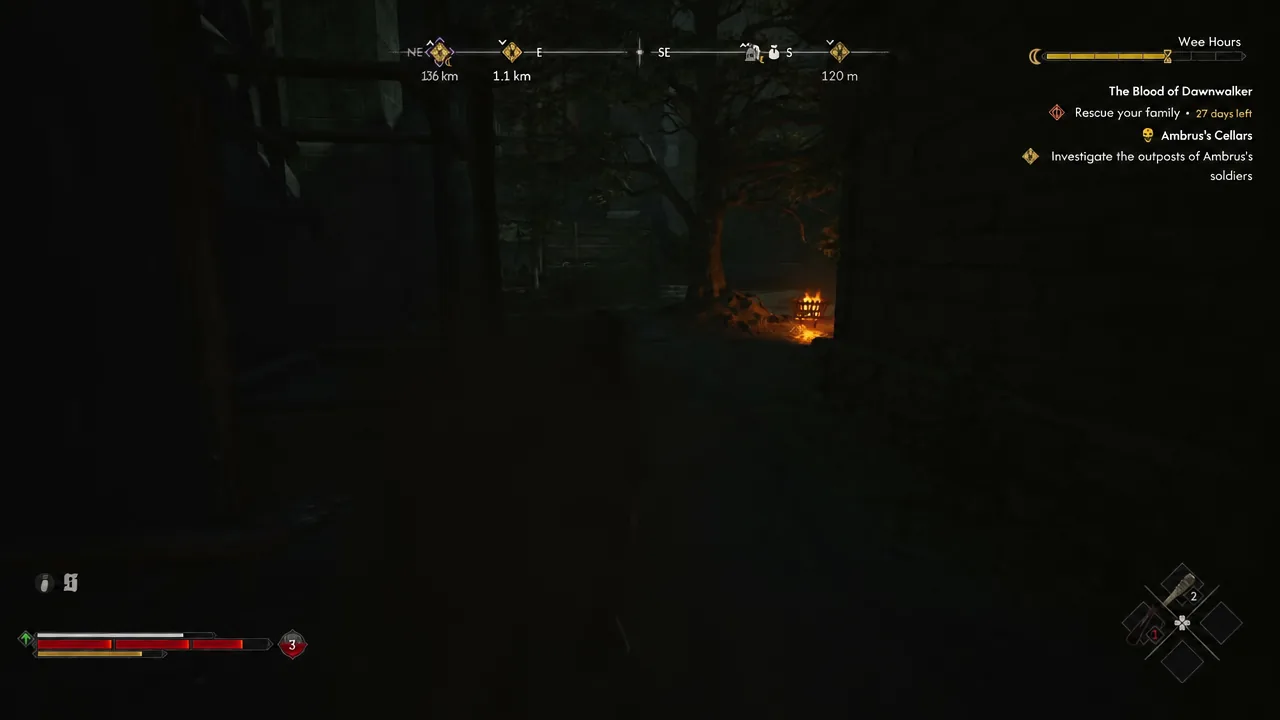 Coen moves through a dark cavern with the Ambrus's soldiers objective pinned to the quest tracker